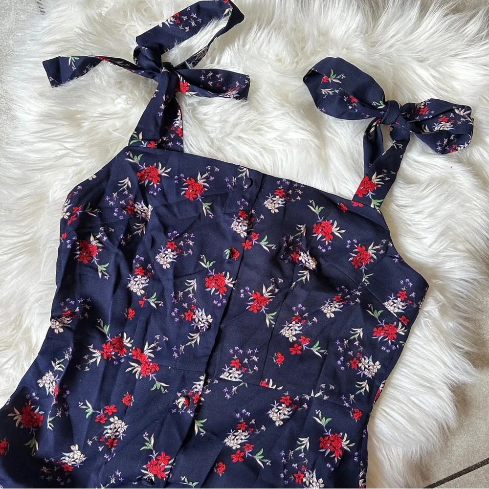 Rihoas Navy Blue Floral Tie Straps Midi Dress - Picture 2 of 3